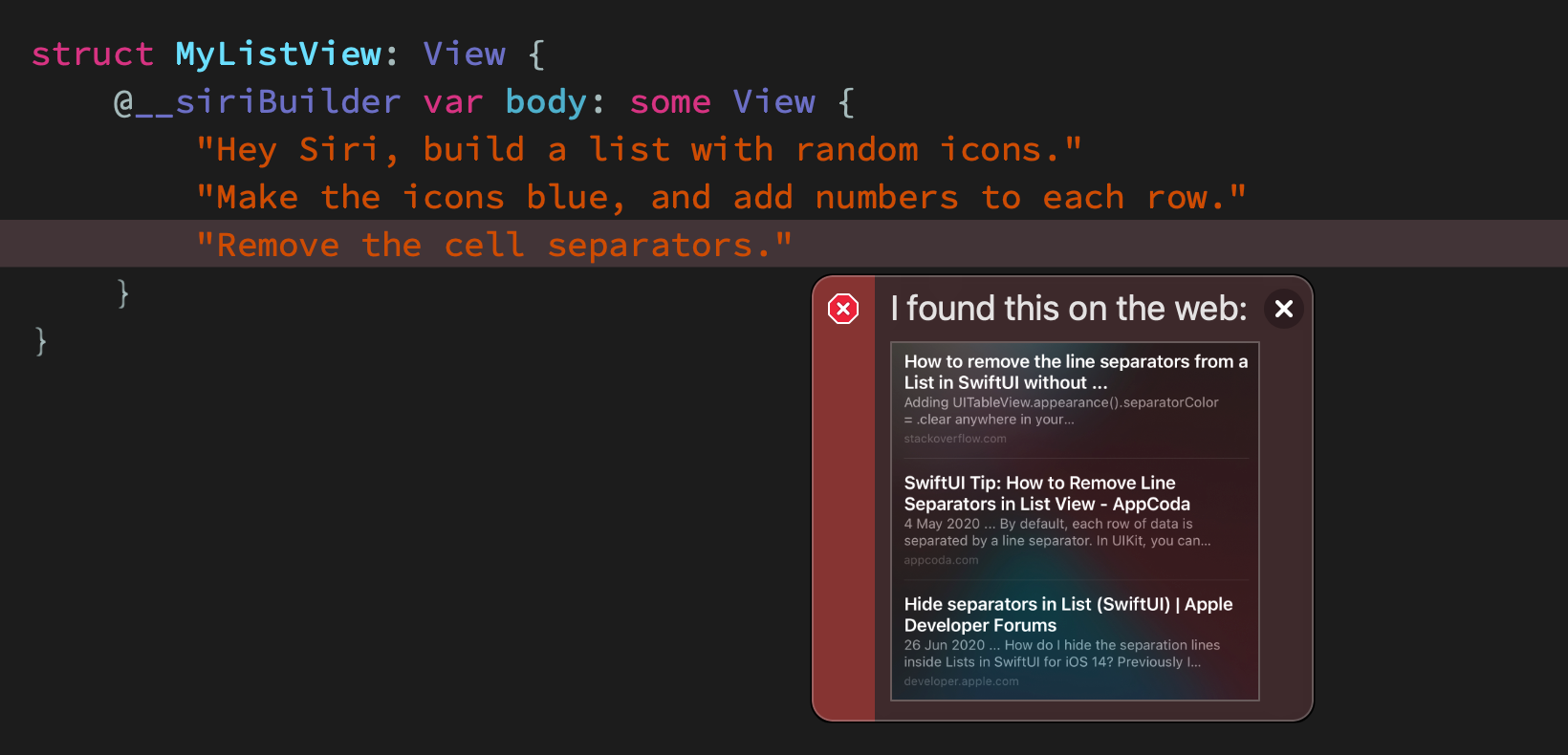 Screenshot of an SwiftSiri error displayed in Xcode